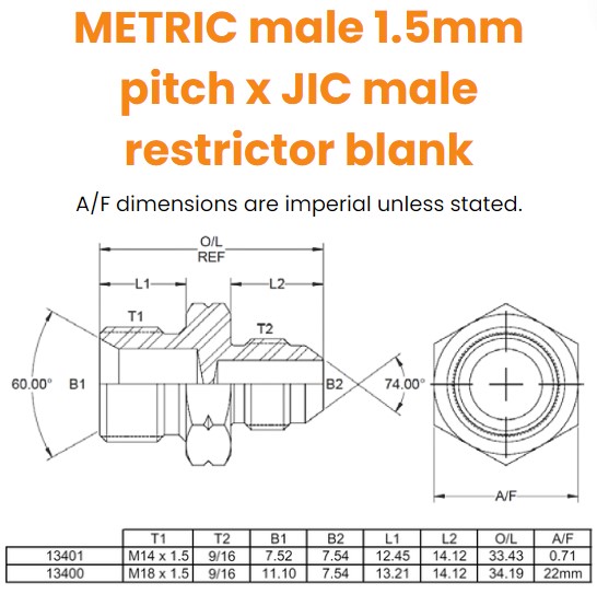 M14 x 9/16 JIC M/M RESTRICTOR BLANK Hydraulic Adaptor